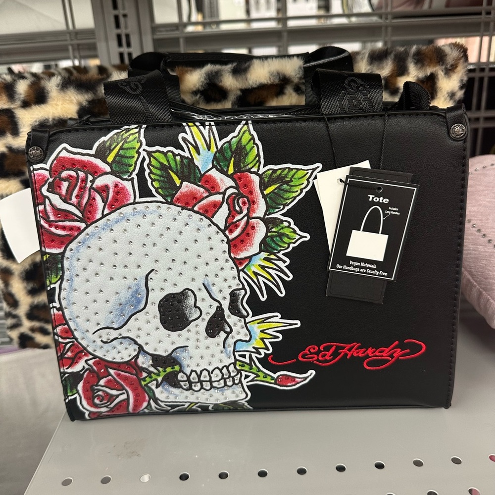 Ed Hardy Black and Red Skull Rose Tote Bag